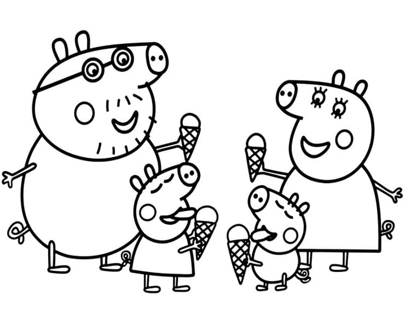 Peppa Pigs Family Eating Ice Cream Cones Coloring Page