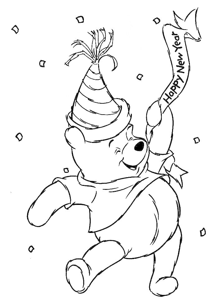 Happy New Year Pooh Bear Coloring Page