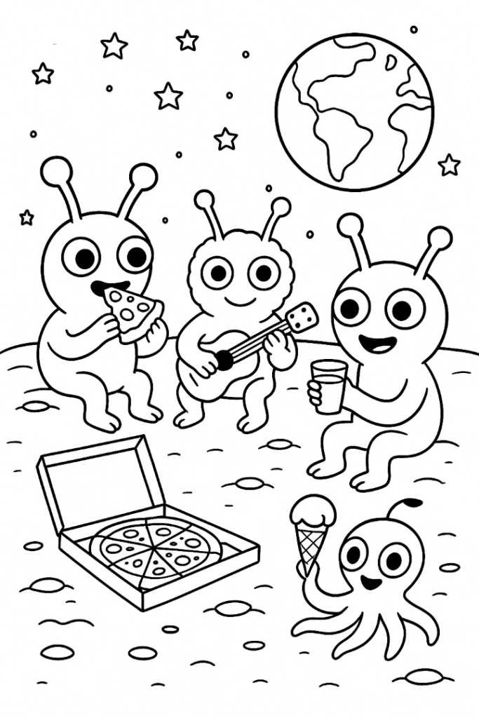 Aliens Having A Pizza Picnic On The Moon