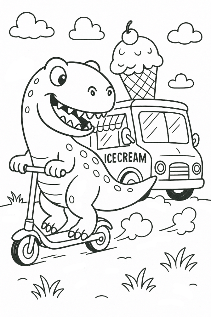 Dinosaur On A Scooter Chasing An Ice Cream Truck