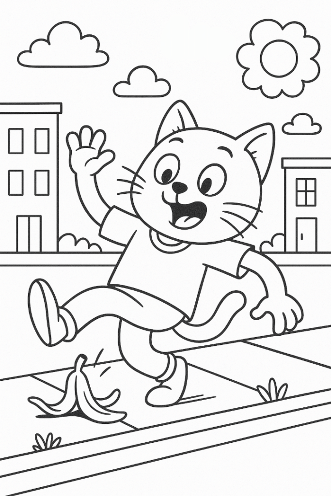 Funny Cat Slipping On Banana Peel Coloring Page