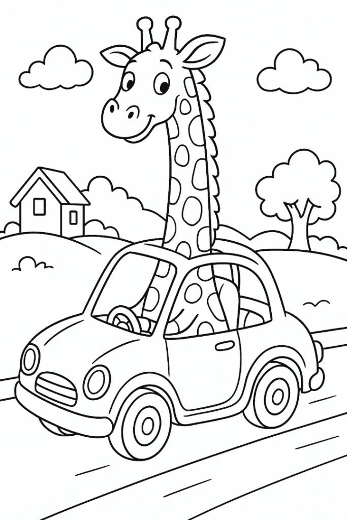 Giraffe Trying To Fit Into A Tiny Car