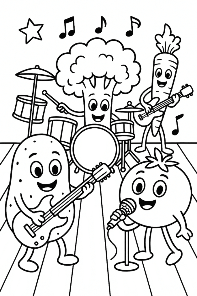 Group Of Veggies Playing In A Rock Band