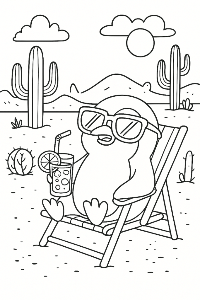 Penguin In The Desert Wearing Sunglasses And Drinking Lemonade