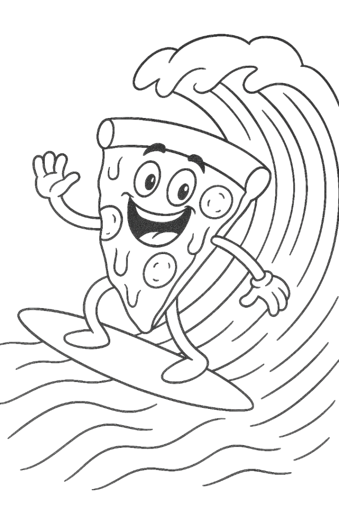 Surfboarding Pizza Coloring Page