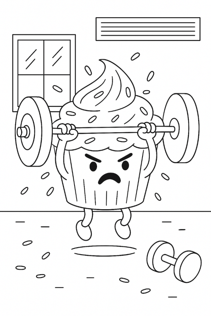 Weightlifting Cupcake Coloring Page
