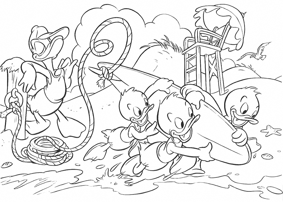 Donald Duck And Nephews At The Beach Coloring Page