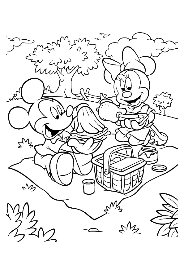 Mickey And Minnie Picnic In Nature Coloring Page