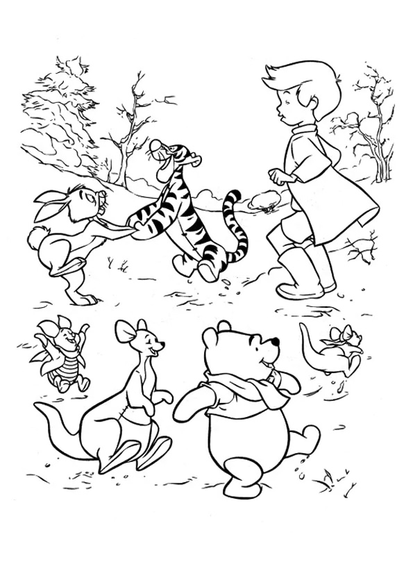 Pooh And Friends Play In Nature Coloring Page