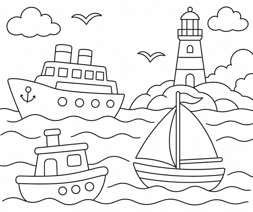 Boats At Sea With Lighthouse Coloring Page