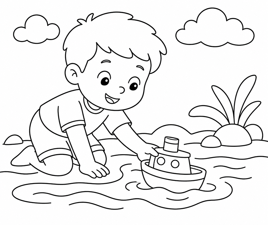 Boy With Toy Boat Coloring Page