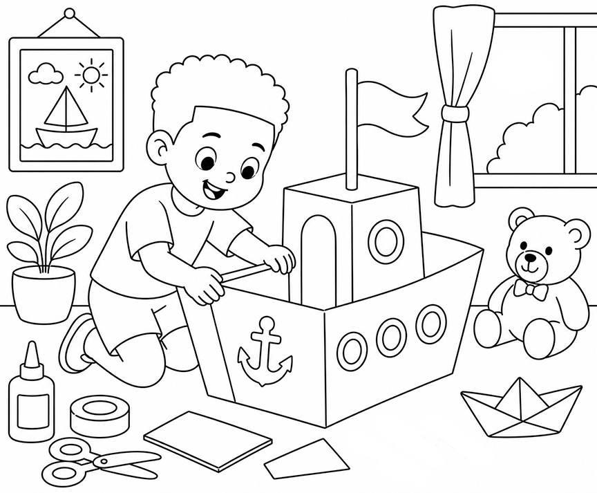 Building A Cardboard Boat Coloring Page