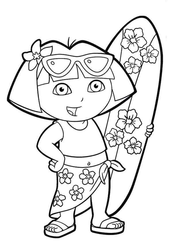 Dora Enjoys Summer On Surfboard Coloring Page