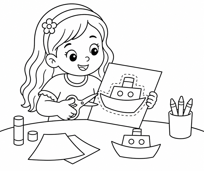 Girl Drawing Boat Art Coloring Page