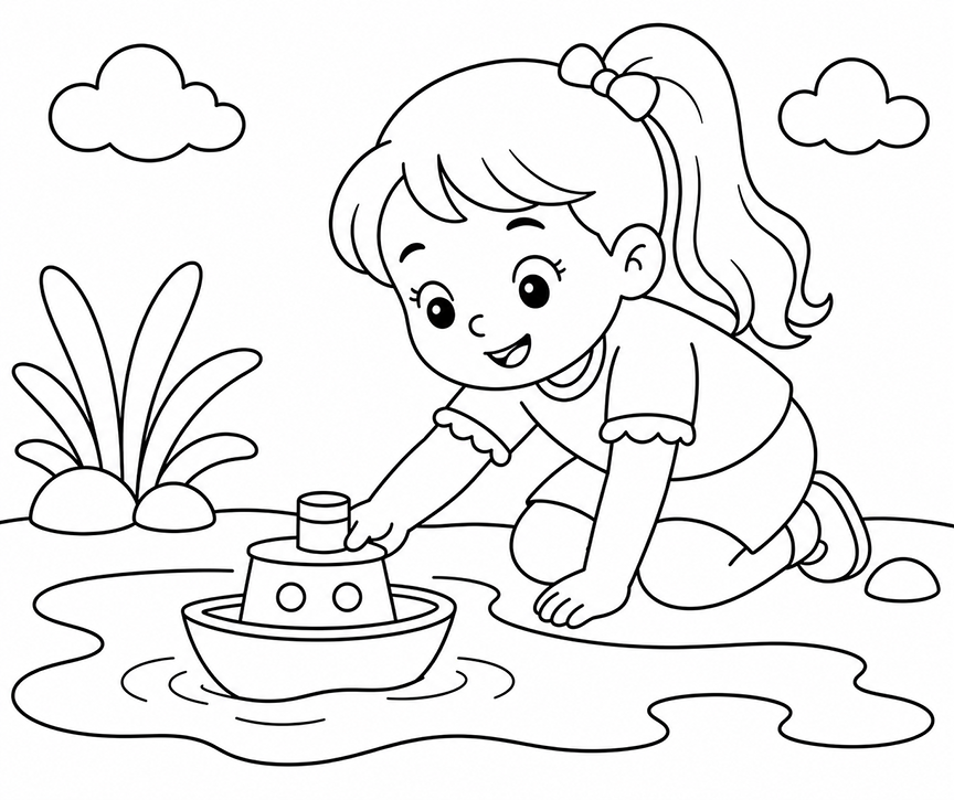 Girl With Toy Boat Coloring Page