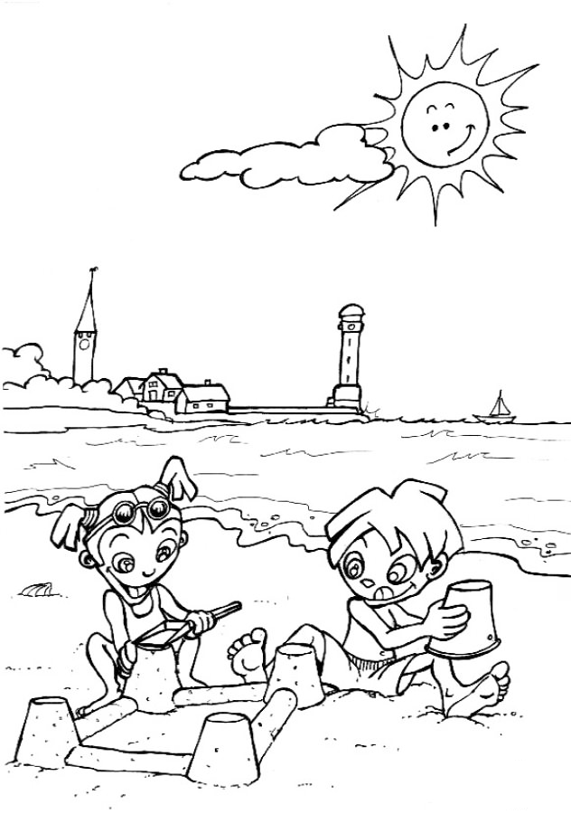 Kids Playing At The Beach Coloring Page