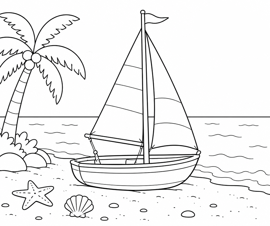 Sailboat On The Beach Coloring Page