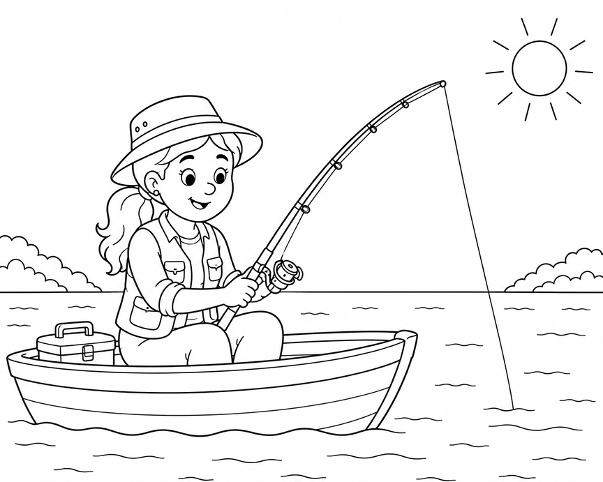 Woman Fishing In A Boat Coloring Page