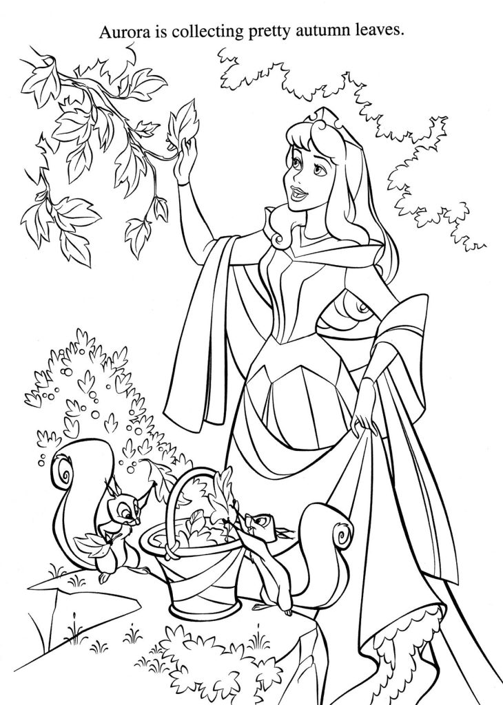 Aurora Collects Autumn Leaves Coloring Page