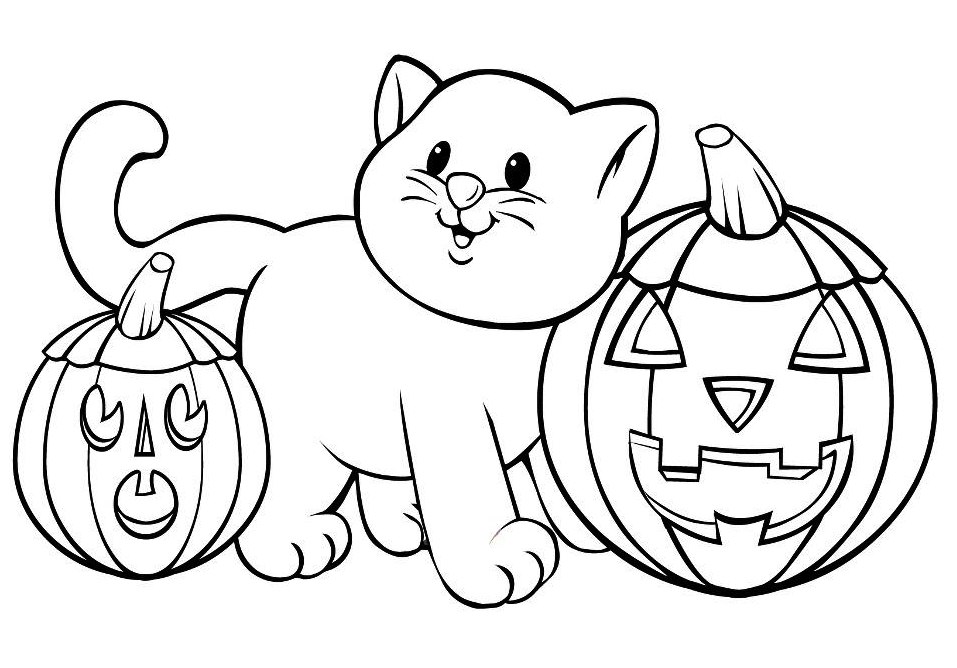 Cat Halloween Pumpkins Coloring Page