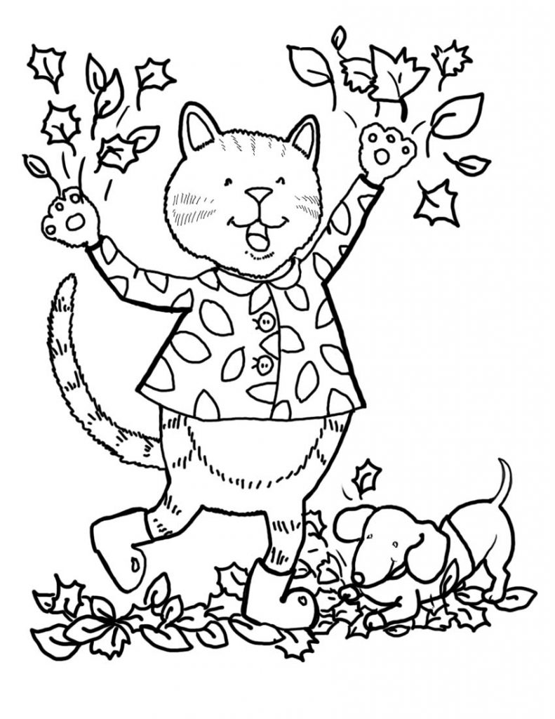 Cat And Pet Dog Fall Leaves Coloring