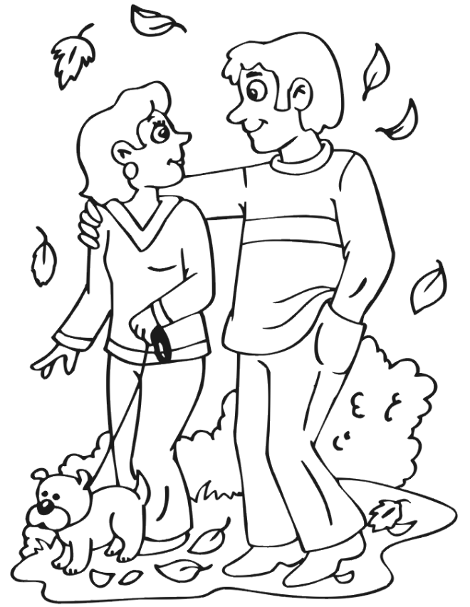 Couple Walking Dog In Fall Coloring Page