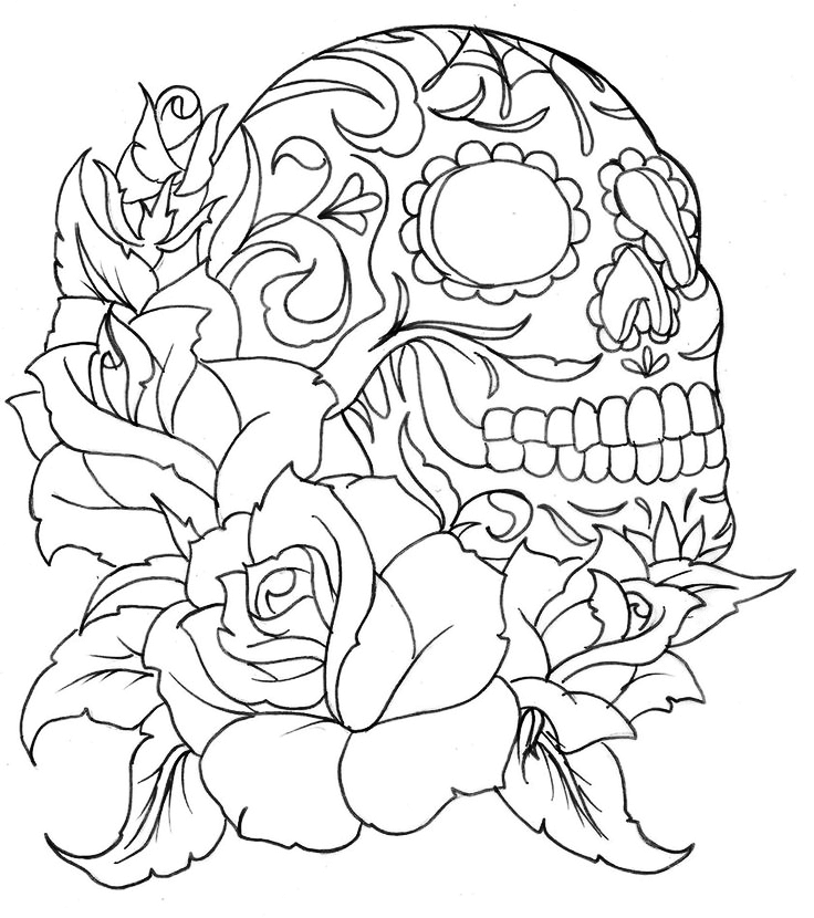 Day Of The Dead Skull And Roses Coloring Page