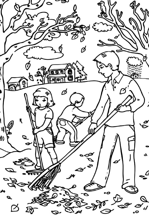 Raking Leaves Coloring Page