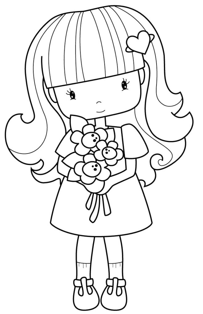 Adorable Girl With Flowers Coloring Page