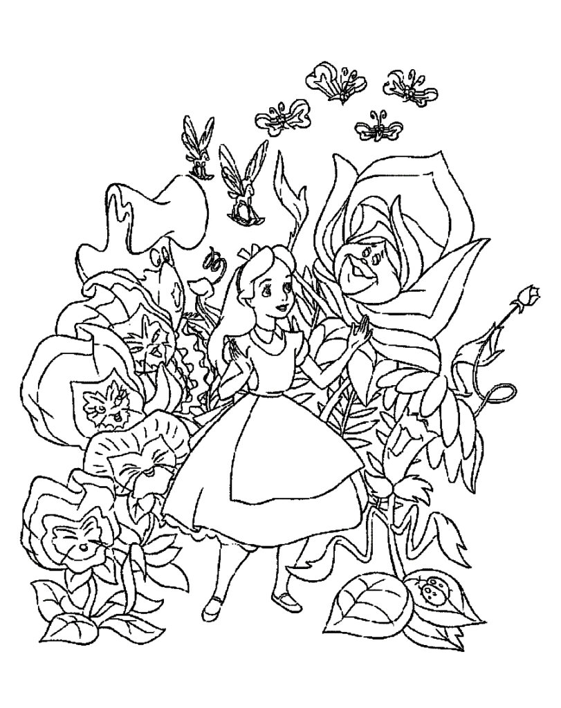 Alice In Wonderland Flowers Coloring Page