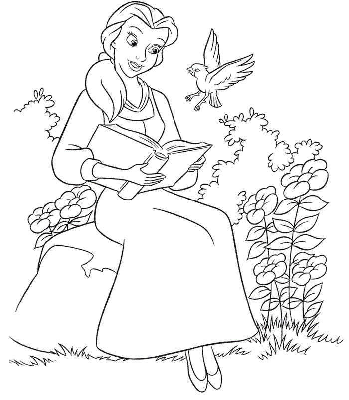 Belle Reading In The Flowers Coloring Page