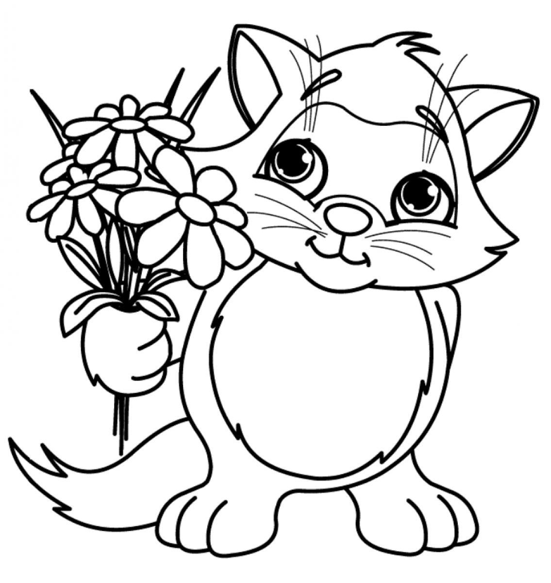 Cat With Flowers Coloring Page
