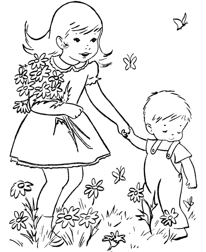 Children Picking Flowers Coloring Page