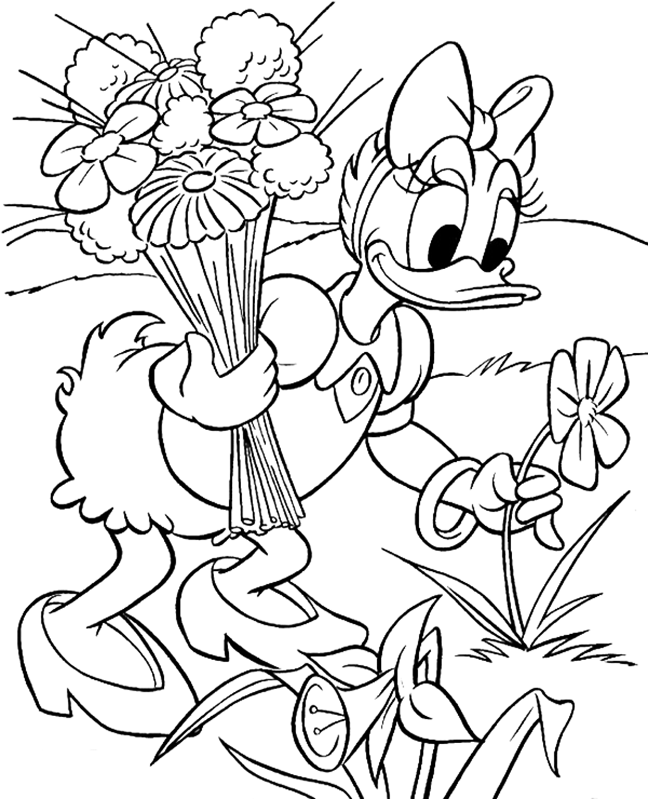 Daisy Duck Picking Flowers Coloring Page