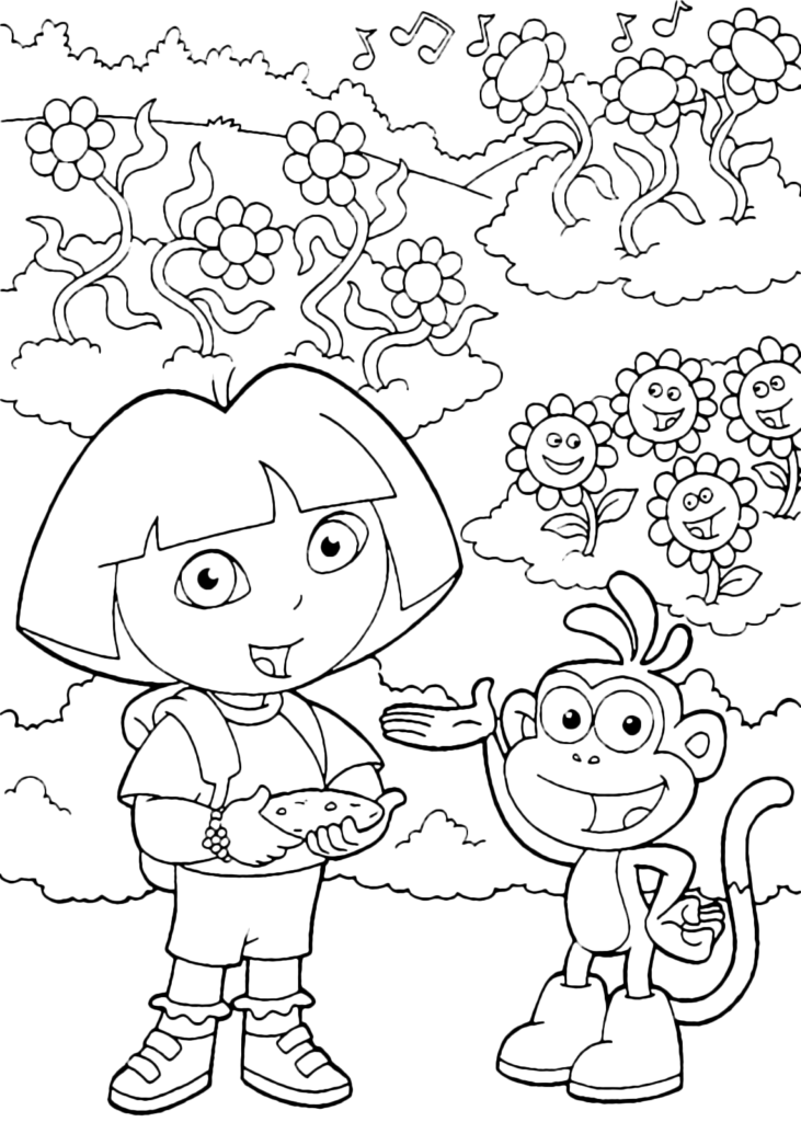 Dora In The Flowers Coloring Page
