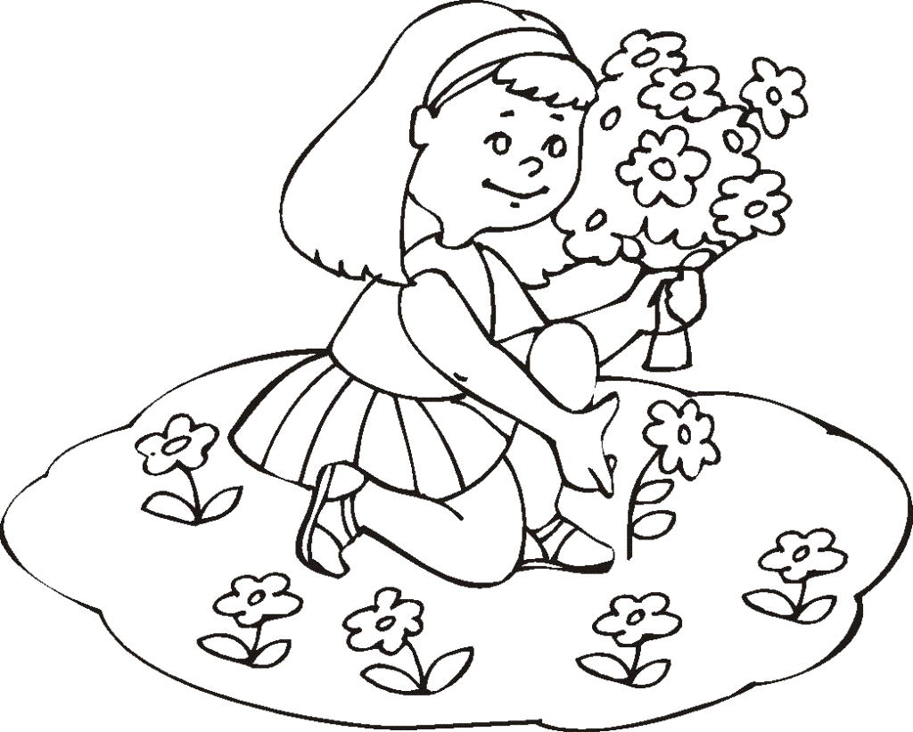 Girl Picking Flowers Coloring Page