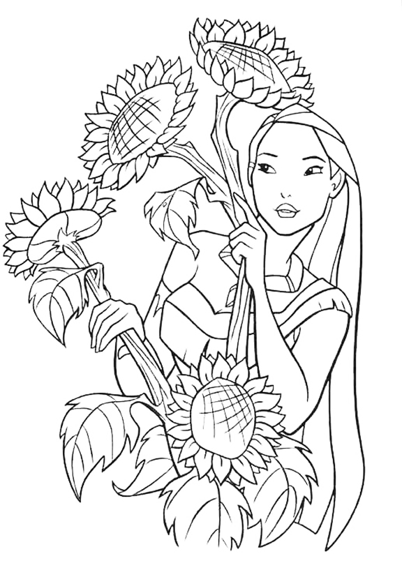 Pocahontas Hiding In The Sunflowers Coloring Page