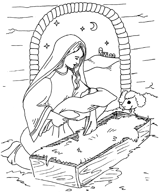 Mary Placing Jesus In Manger Coloring Page