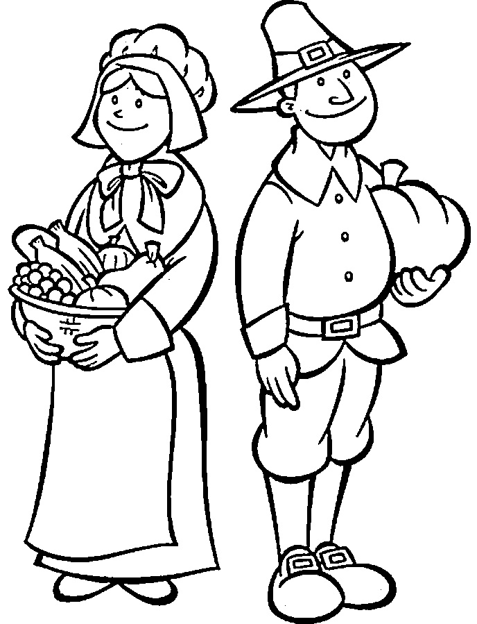 Cute Pilgrim Couple And Harvest Coloring Page