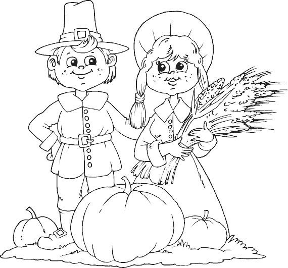 Pilgrims With Pumpkins Coloring Page
