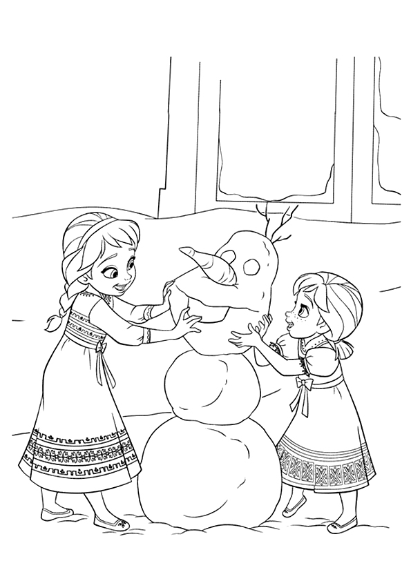 Elsa And Anna Building Olaf Coloring Page