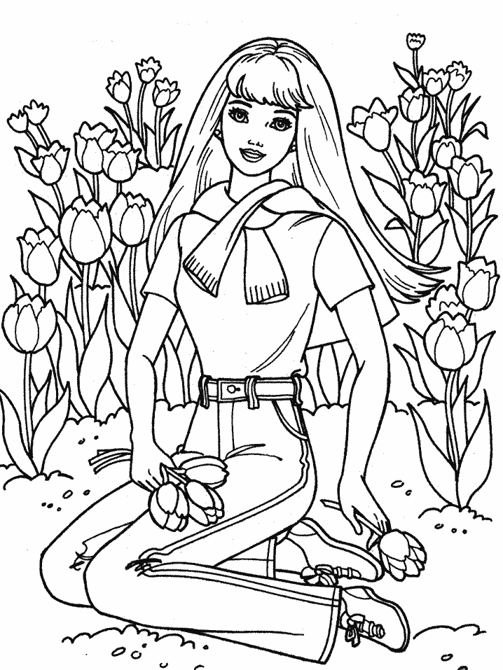 Barbie With Spring Tulips Coloring Page
