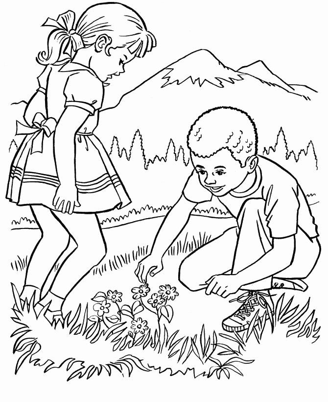 Children Picking Flowers Coloring Page