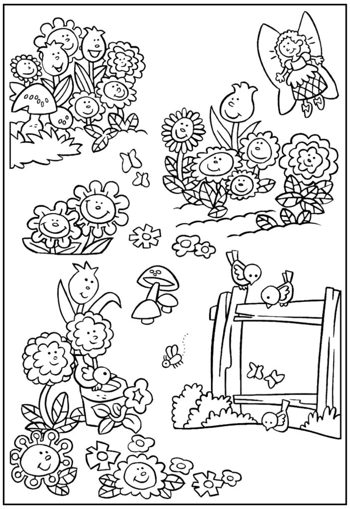 Fun Spring Flowers And Birds Coloring Page