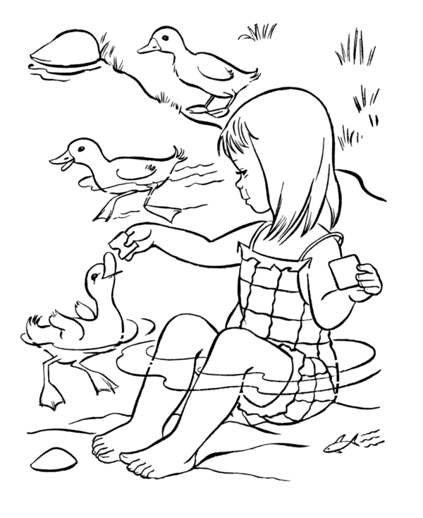 Girl Feeds The Ducks Coloring Page