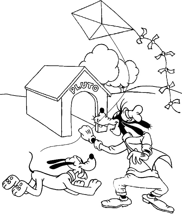 Goofy And Pluto Fly A Kite Coloring Page