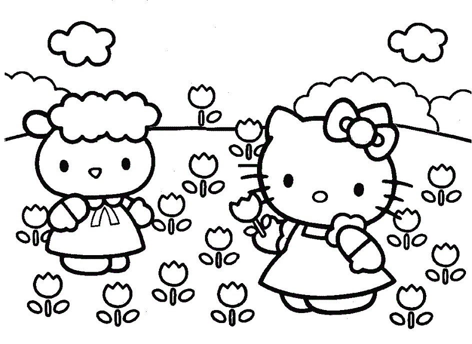 Hello Kitty Picking Spring Tulips Coloring Page