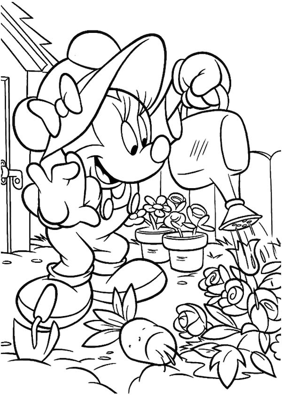 Minni Watering Flowers In Spring Coloring Page