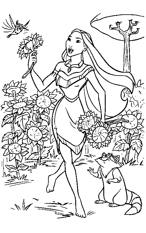 Pocahantas Picking Flowers Coloring Page