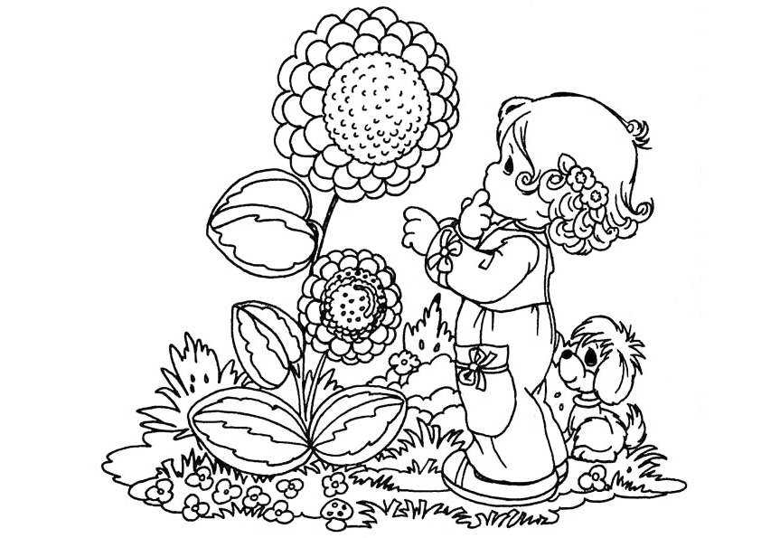Precious Baby With Spring Flowers Coloring Page
